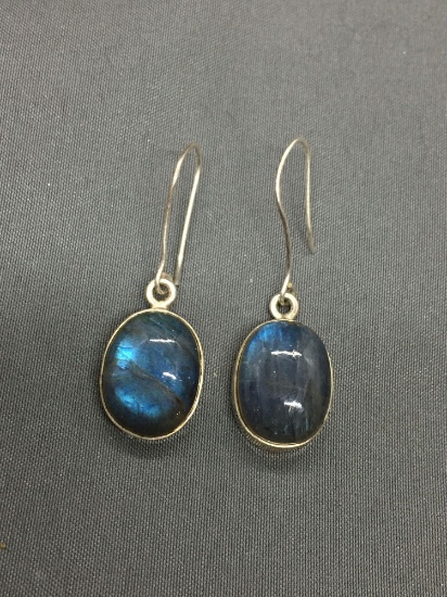 Oval 16x12mm Labradorite Cabochon Gem Center Pair of Sterling Silver Dangle Earrings