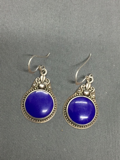 Detailed Bead Ball Framed Round 13mm Lapis Cabochon Center Pair of Sterling Silver Dangle Earrings