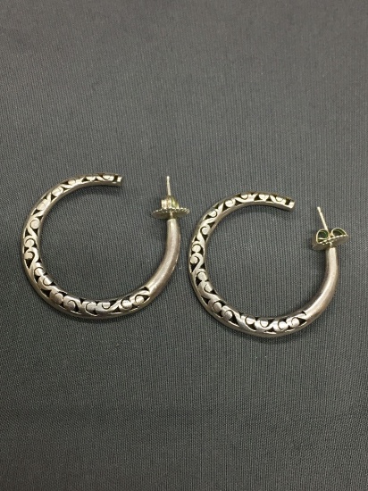 Balinese Filigree Decorated 35mm Diameter 3mm Wide Pair of Sterling Silver Hoop Earrings