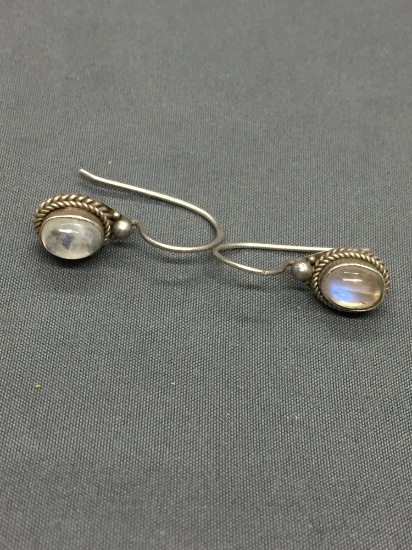 Rope Frame Detailed Oval 7x5mm Moonstone Cabochon Feature Pair of Shepard's Hook Sterling Silver