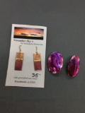 Lot of Two Purple Toned Fashion Jewelry, One Pair of Dyed Abalone Earrings & Handmade Pair of Dangle