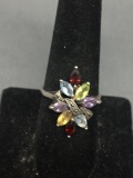Multi-Colored Marquise Faceted Gemstone Centers w/ Marcasite Accents 23x15mm Top Sterling Silver