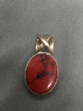 Oval 24x19mm Red Matrix Jasper Inlay Center Old Pawn Mexico Sterling Silver Criss Cross Bale Pendant
