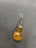 Rounded Teardrop Shaped 32x15mm Amber Drop Handmade Detailed Sterling Silver Pendant