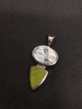FAS Designer 25x15mm Sterling Silver Pendant w/ Oval Mother of Pearl Feature & Shield Shaped Yellow