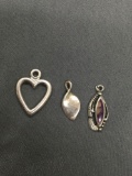 Lot Three Petite Sterling Silver Pendants, One w/ Amethyst Gem Center, One Heart & One Twist