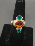 Horizontal Set 10x8mm Oval Faceted Citrine Center w/ Twin Round Faceted Blue Topaz Accents East