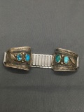 Turquoise Cabochon Featured Old Pawn Native American Sterling Silver Watch Links w/ 4in Long