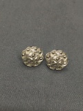 Round 12mm Milgrain Marcasite Detailed Rosebud Style Pair of Sterling Silver Button Earrings