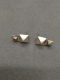 Pyramid Design w/ Marcasite Accents Pair of Sterling Silver Button Earrings