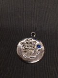 Round 15mm Diameter High Polished Handprint Motif w/ Round Blue Crystal Accent Sterling Silver