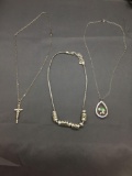 Lot of Three Silver-Tone Alloy Fashion Necklaces, One 16in Balinese Style, One 20in Cross Pendant &