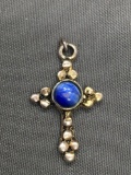 Bead Ball Detailed 22x13mm Sterling Silver Cross Pendant w/ Round Blue 5mm Cat's Eye Cabochon