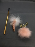 Lot of Three, Two Pink Fluffy Items, One Figurine and One Keychain, One Extending Cigarette Holder