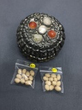 One Handmade East Indian Styled Silver-Tone Alloy 2in Diameter Pill Box & Two Bags of Beads