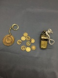 Lot of Brass Items, One Military Whistle, One Goodwill Games Keychain & Set of Coins