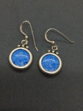 Round 17mm Denim Lapis Gem Inlaid Detailed Pair of Sterling Silver Dangle Earrings