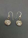 Round 15mm Filigree Decorated Signed Designer Pair of Sterling Silver Dangle Disc Earrings