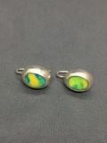 Oval 16x13mm Pair of Sterling Silver Shepard's Hook Earrings w/ Blue & Yellow Resin Inlaid Center