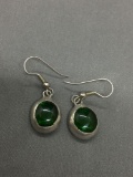 Sterling Silver Framed Oval 15x13mm Green Glass Feature Pair of Sterling Silver Dangle Earrings
