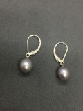 Oval 9x7mm Baroque Pearl Drop Featured Pair of Lever Back Sterling Silver Earrings