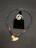 Lot of Two, One 18in Long Coral Beaded Necklace w/ Shark tooth Pendant & Carved Shell Ring Band -