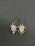 Oval 10x8mm Moonstone Cabochon Featured Pair of Sterling Silver Dangle Earrings