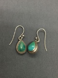 Teardrop Shaped 9x7mm Turquoise Cabochon Featured Pair of Sterling Silver Dangle Earrings