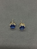 FAS Designer Princess Faceted 6x6mm Created Blue Sapphire Pair of Sterling Silver Stud Earrings