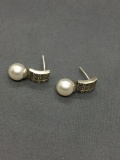 Milgrain Marcasite Detailed Pair of Sterling Silver Vintage Earrings w/ Round 8mm Pearl Drop