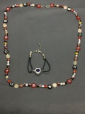 Lot of Two Evil Eye Themed Fashion Jewelry, 28in Long Hand-Strung Beaded Necklace & 7in Long Leather