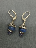 Balinese Styled Design Pair of Sterling Silver Lever Back Dangle Earrings w/ Faceted Bead Accents