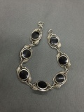 Round 10mm Onyx Inlaid Featured Leaf Design Accented 13mm Wide 7in Long Vintage Sterling Silver Link