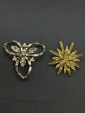 Lot of Two Floral Design Fashion CZ Accented Alloy Brooches One 50mm Diameter & One 55mm Diameter