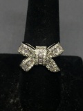 Princess & Round Faceted CZ Decorated 20x15mm Bow Motif Top Sterling Silver Ring Band