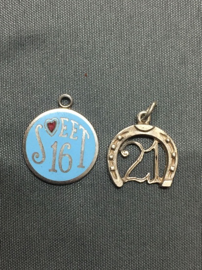 Lot of Two Sterling Silver Charms, One Sweet 16 Enameled & Lucky Horseshoe 21