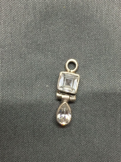 Square Step & Pear Faceted CZ Featured 18mm Long 5mm Wide Sterling Silver Pendant