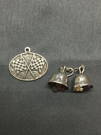Lot of Two Sterling Silver Charms, One Checker Flag & One Twin Bell