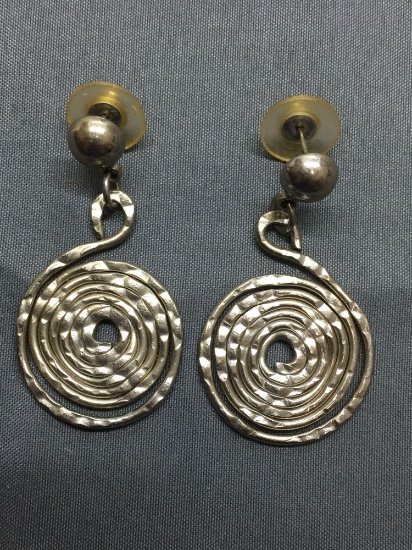 Hammer Finished 24mm Diameter Handmade Spiral Design Pair of Sterling Silver Earrings