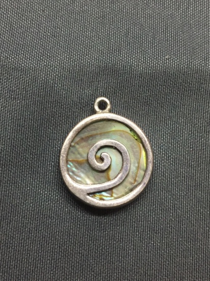 Round 15mm Abalone Inlaid Swirl Design Sterling Silver Pendant