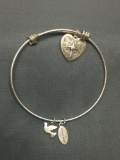 Thai Made 3in Diameter 2mm Wide Sterling Silver Wire Sliding Clasp Bangle Bracelet w/ Faith Based