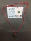 Round 29mm Green Jade Disc Pendant w/ Red Silk Cord & Certificate