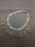 Lot of Two Silver-Tone Fashion Alloy Link Necklaces, One 15mm Wide 16in Long & One 20mm Wide & 12in