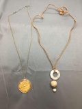 Lot of Two Fashion Necklaces, One 24in Long w/ Round Enameled Pendant & One 30in Leather Cord w/