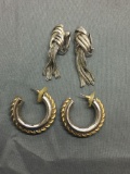 Lot of Two Silver-Tone Fashion Alloy Pairs of Earrings, One 30mm Diameter Hoops & One 45mm Long