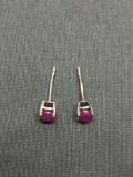 Round 4.5mm Ruby Cabochon Center Four Prong Set Pair of Sterling Silver Earrings