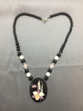 Oval 57x40mm Mother of Pearl & Abalone Inlaid Pendant 20in Long Gemstone Beaded Necklace