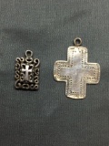 Lot of Two Sterling Silver Charms, One Engraved Cross & One Filigree Decorated Cross