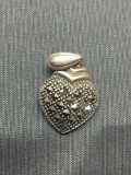 FAS Designer Milgrain Marcasite Detailed 17x15mm Sterling Silver Heart Pendant