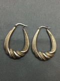 Two-Tone Milgrain & High Polished Scallop Detailed 35mm Long 4mm Wide Pair of Sterling Silver Hoop